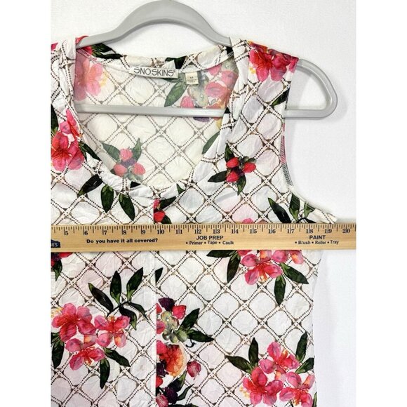 Sno Skins Sleeveless Crinkle Top Womens Medium White Pink Floral Scoop USA Made - Picture 6 of 7